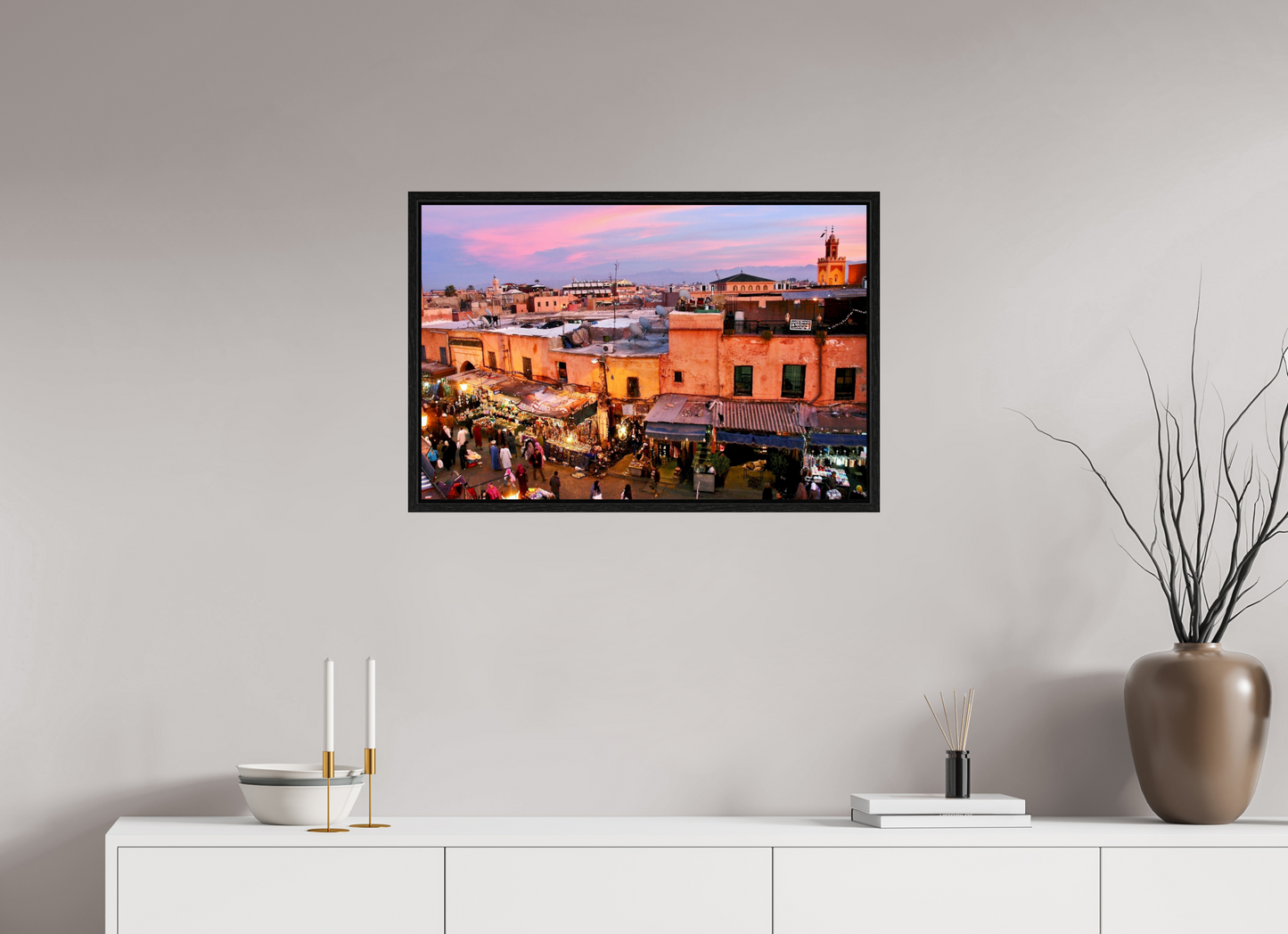 75,6 x 50 cm, Foto Print on Acrylic glass; Oak Wood Frame Basel 15 mm Magic Sunset in the Medina - Marrakech-Morocco; Fine Art Photo Print under Acrylic Glas