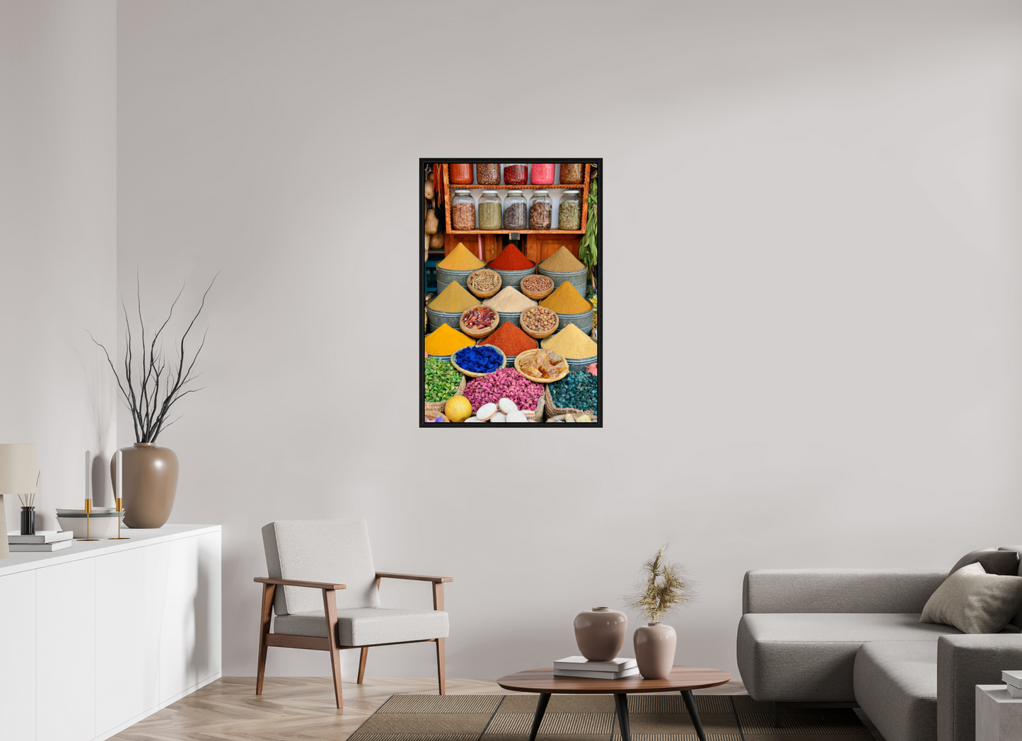 70 x 105 cm, Foto Print on Acrylic glass; Oak Wood Frame Basel 15 mm Spices and Colors from Marrakech; Image taken by J. Schleenbecker; copyright 2025 Fine Art Photo Print under Acrylic Glass