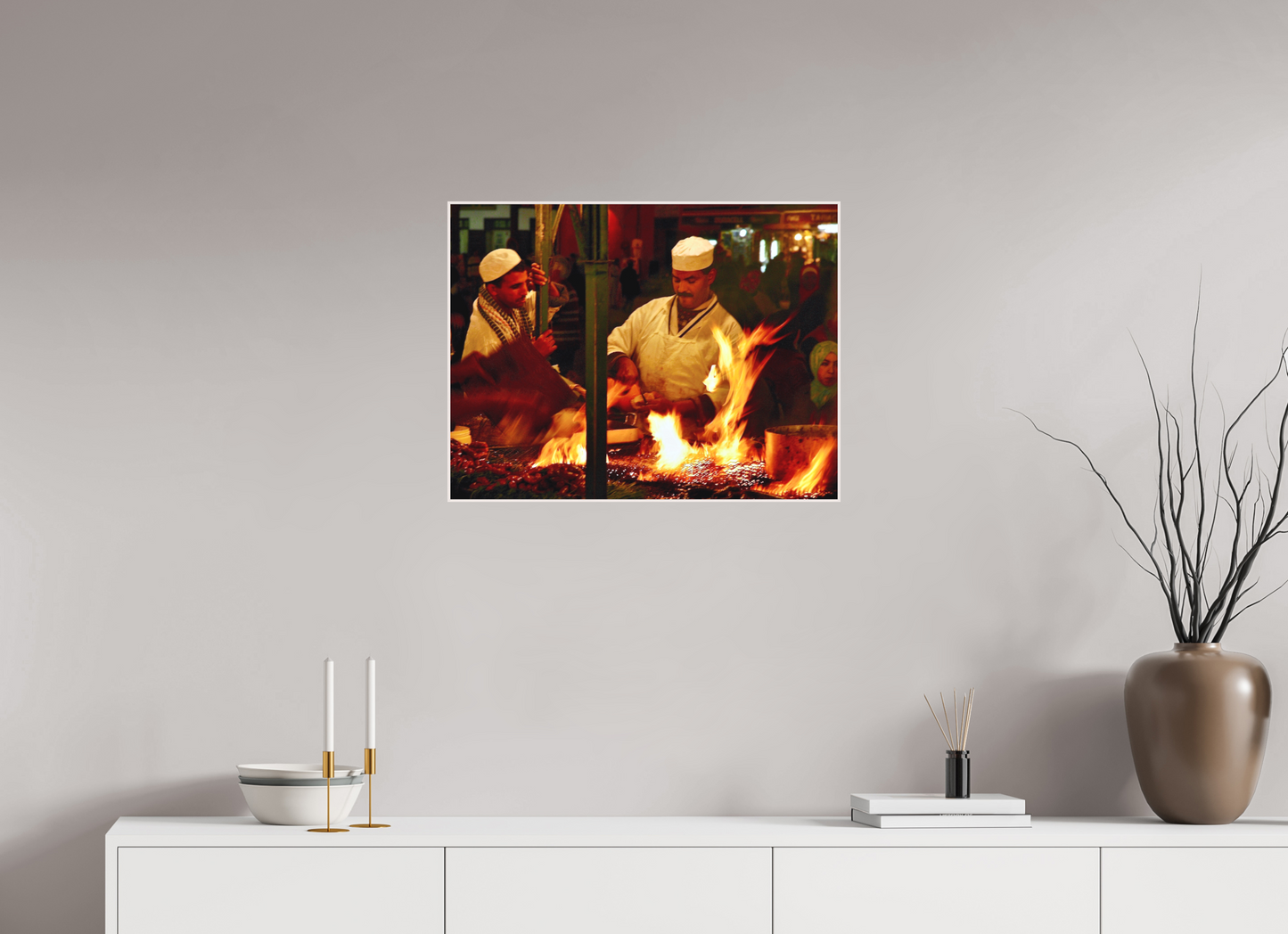 65,6 x 50 cm, Foto Abzug hinter Acrylglas Matt; Art Box aus Massivholz 4 mm Ahorn weiß Marrakech Street Food Market Vol. 5; Photo Art Print under Acrylic Glass; Art Box Frame 50 mm Maple Wood White