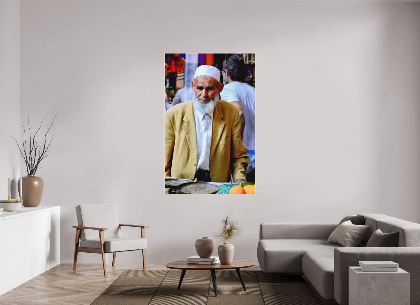 110 x 170,3 cm, Foto Abzug hinter Acrylglas Matt; Art Box aus Massivholz 4 mm Ahorn weiß Old Berber Man in the Souks of Marrakech - Fine Art Photo Print under Acrylic Glass; Art Box Frame, White Maple Wood, 50 mm