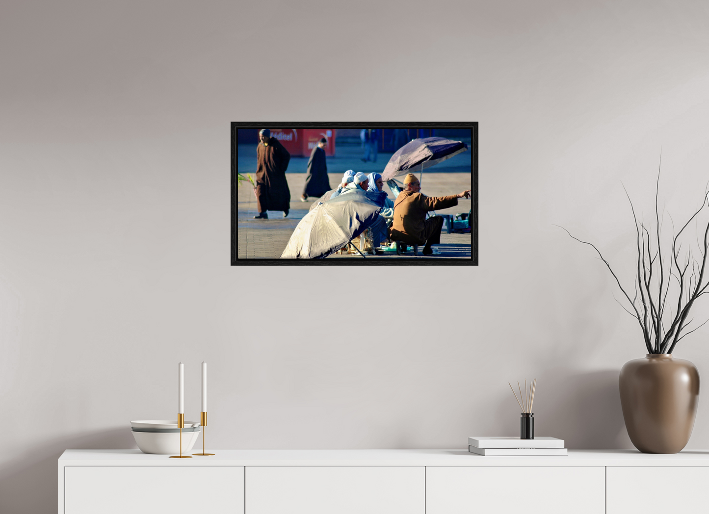 71,9 x 40 cm, Foto Print on Acrylic glass; Oak Wood Frame Basel 15 mm Group of Berber men on Djeema El Fna Square, Marrakech-Medina, Photo taken by J.Schleenbecker, Copyright 2025