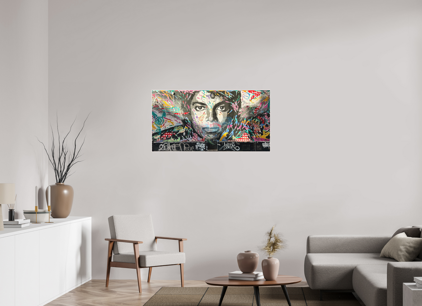 115,9 x 60 cm, Foto Abzug hinter Acrylglas Matt; Art Box aus Massivholz 4 mm Ahorn weiß The King of Pop Vol. 1 - Collection "Graffiti Street Art meets Marrakech" - Photo Art Print under Acrylic Glass; Various Frame Options