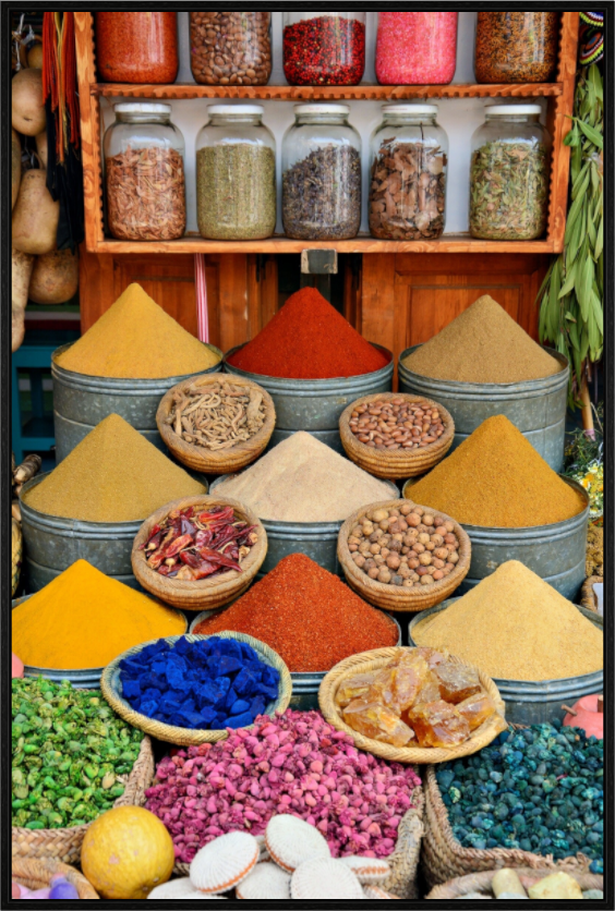 Main image Spices and Colors from Marrakech; Image taken by J. Schleenbecker; copyright 2025 Fine Art Photo Print under Acrylic Glass
