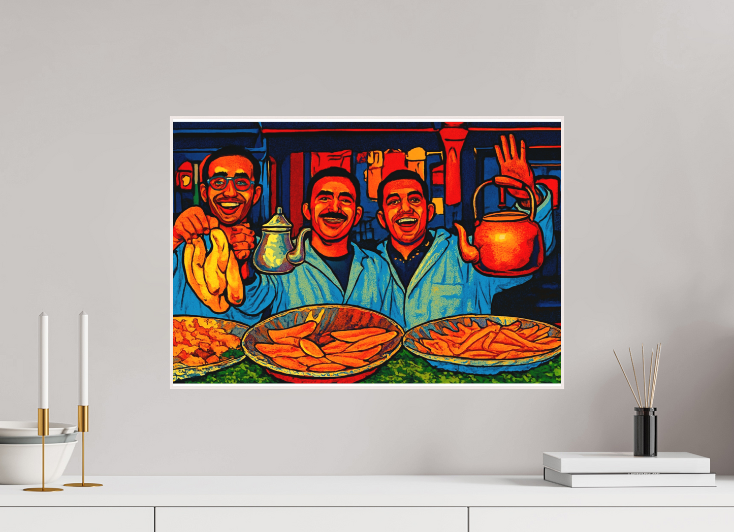 58,1 x 40 cm, Foto Abzug hinter Acrylglas Matt; Art Box aus Massivholz 4 mm Ahorn weiß Oriental Food with Good Mood - Pop Art Design, Vol.3- Photo Art Print under Acrylic Glass