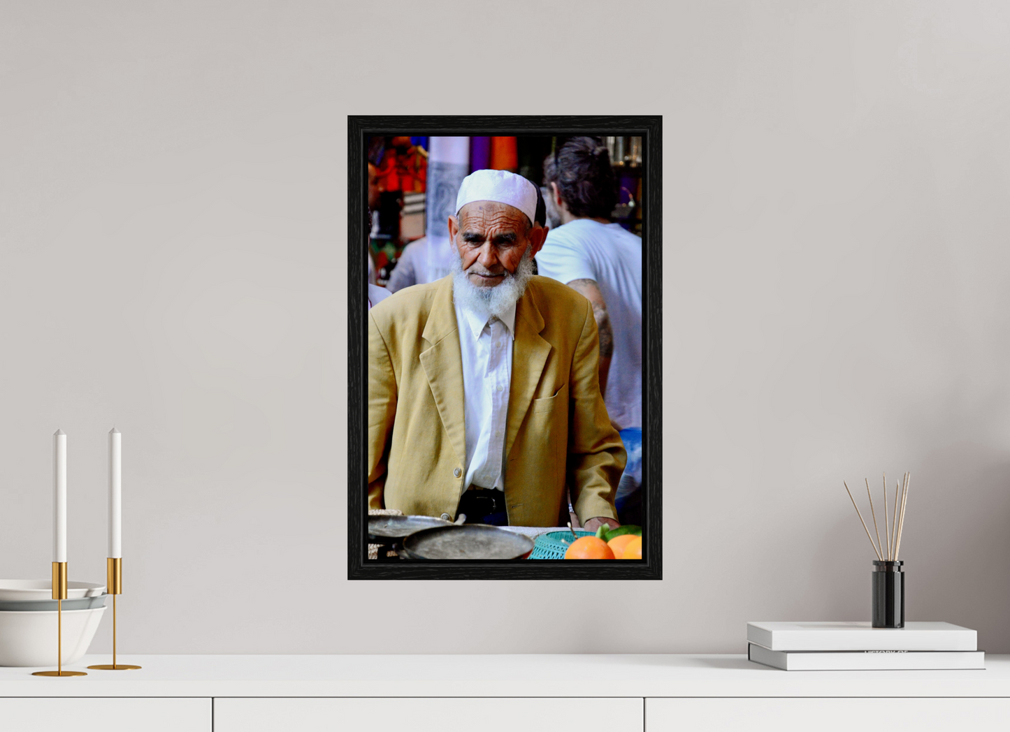 30 x 46,4 cm, Foto Print on Acrylic glass; Oak Wood Frame Basel 15 mm Old Berber Man in the Souks of Marrakech; Photo Art Print on Acrylic glass; Oak wood frame