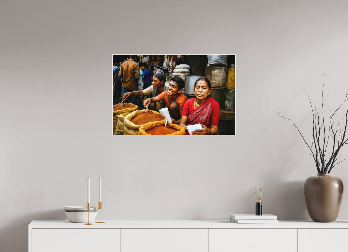 76,7 x 50 cm, Foto Abzug hinter Acrylglas Matt; Art Box aus Massivholz 4 mm Ahorn weiß Market Scene from Himalaya - Old Spice Market Kathmandu-Nepal Vol.1