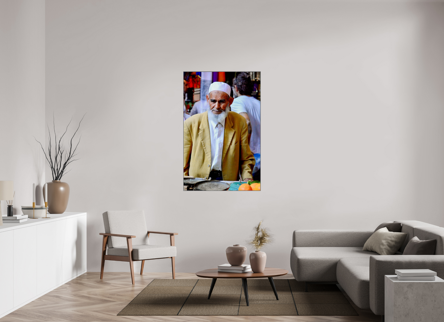 90 x 139,3 cm, Art Box 50 mm - Aluminium Rahmen - Foto-Abzug hinter Acrylglas - printed and designed by Whitewall Old Berber Man in the Souks of Marrakech - Fine Art Photo Print under Acrylic Glass