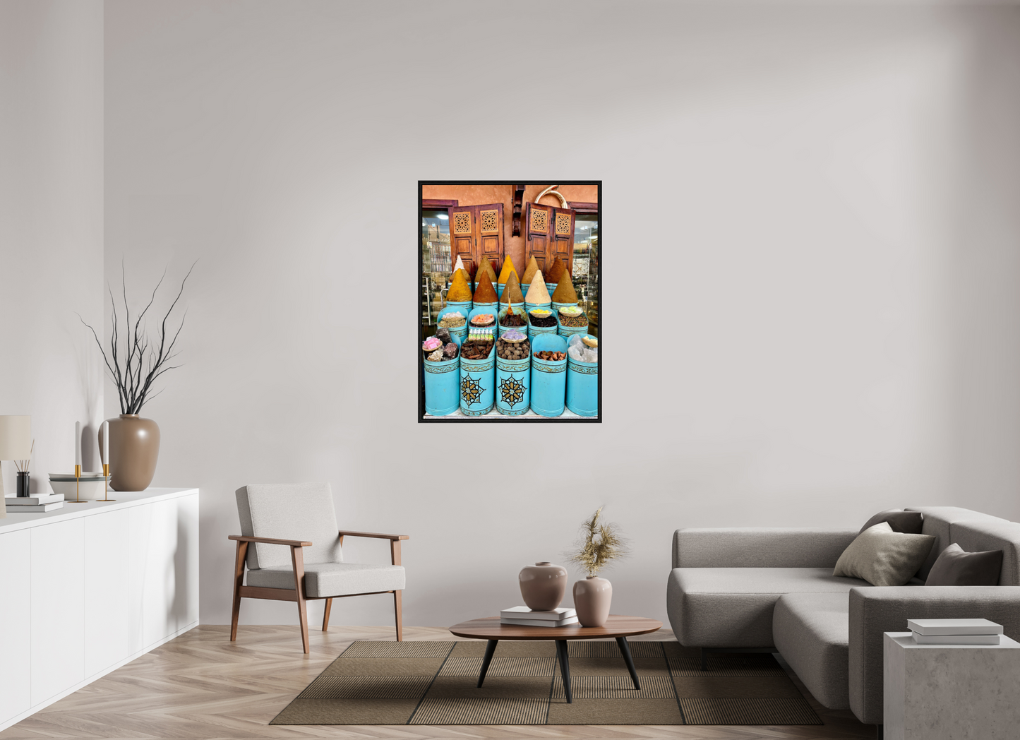 90 x 120 cm, Foto Print on Acrylic glass; Oak Wood Frame Basel 15 mm Colors and Spices Vol. 7 - Souks of Marrakech; Photo Art Print under Acrylic Glass; Phto by J. Schleenbecker, Copyright 2025.