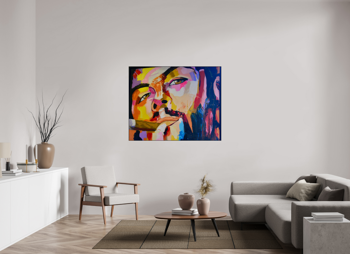 137,4 x 110 cm, Foto-Abzug hinter Acrylglas glänzend - ArtBox aus Massivholz 4 mm, Eiche schwarz Cool Boy with Cigar - Pop Art Painting - Fine Art Print on Acrylic Glass, Oak Wood Frame