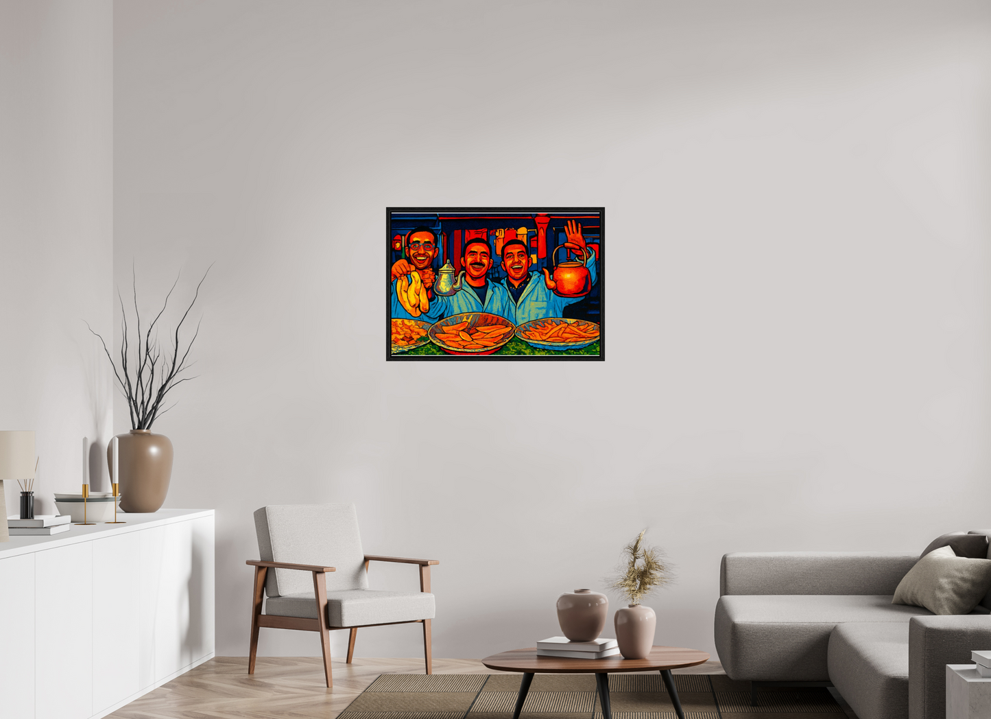 87,1 x 60 cm, Foto Print on Acrylic glass; Oak Wood Frame Basel 15 mm Oriental Food with Good Mood - Pop Art Design, Vol.3- Photo Art Print under Acrylic Glass
