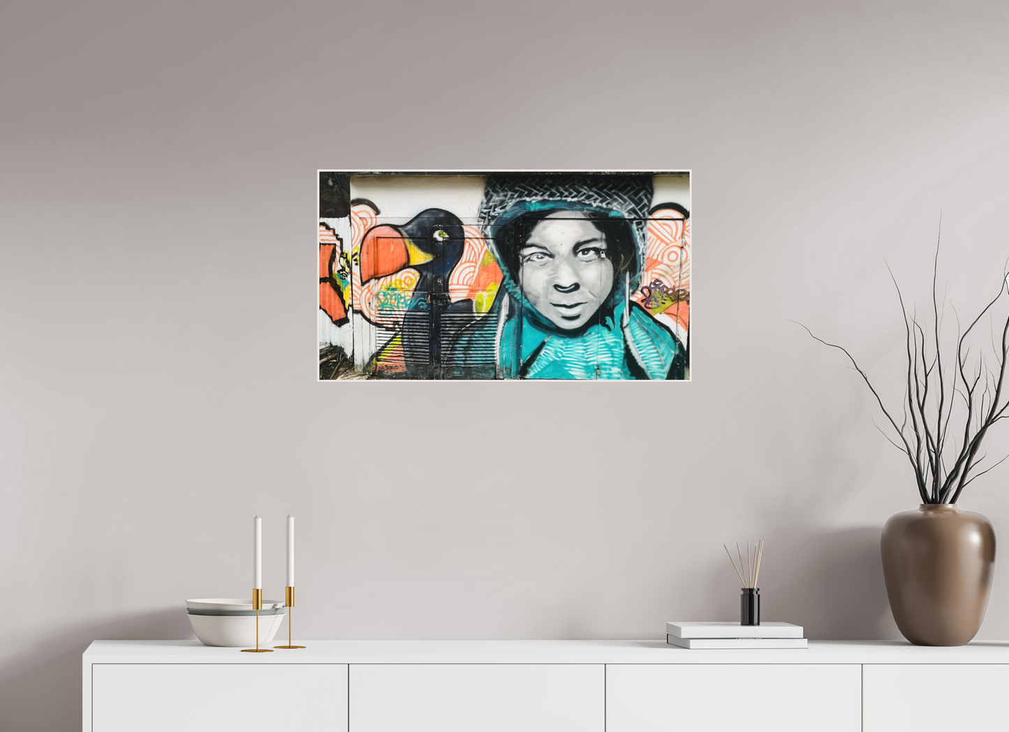 80 x 45 cm, Foto Abzug hinter Acrylglas Matt; Art Box aus Massivholz 4 mm Ahorn weiß My Friend Dodo - Graffiti Street Art - Port Louis Mauritius; Photo Art Print under Acrylic Glass