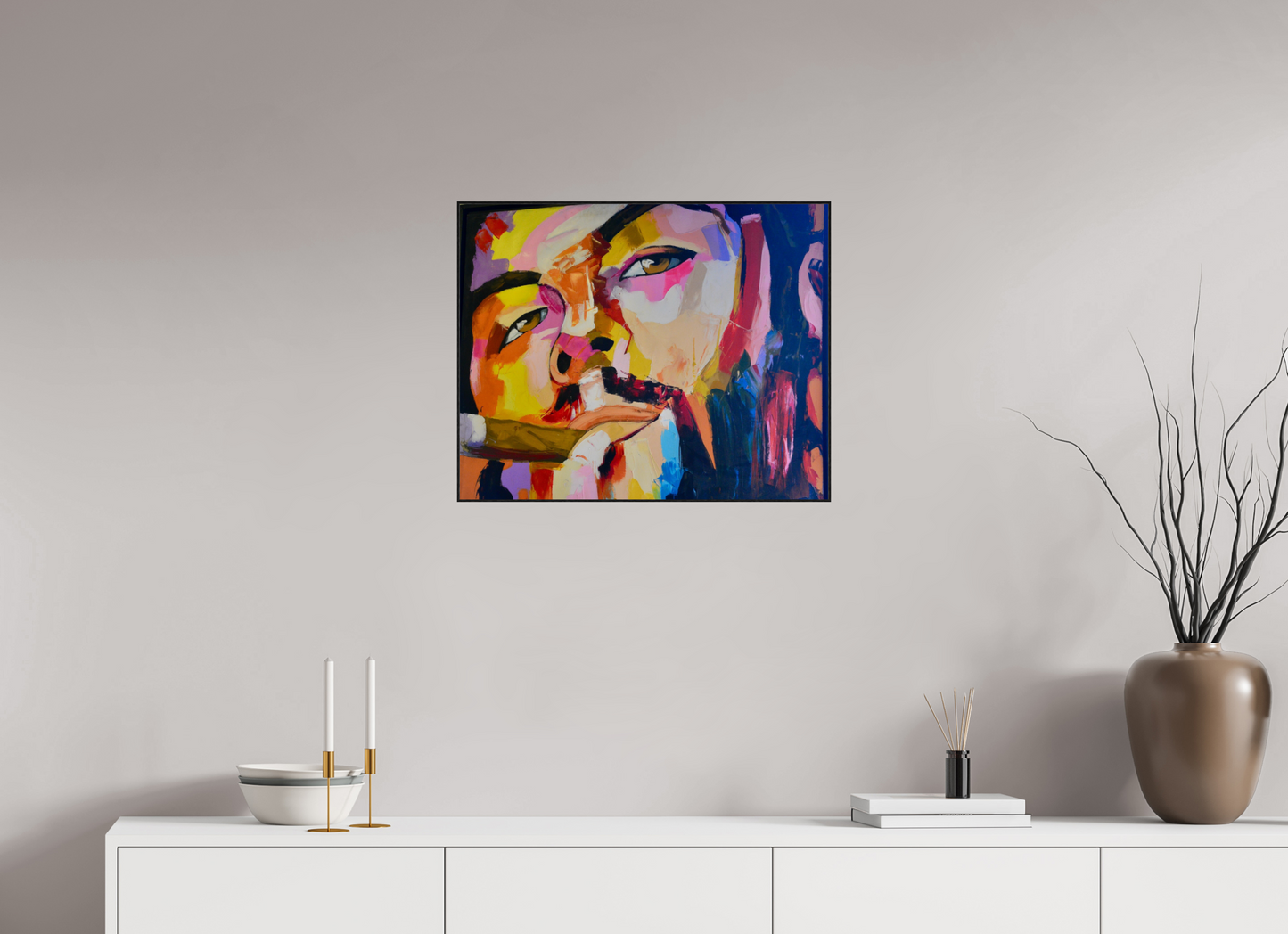 62,4 x 50 cm, Foto-Abzug hinter Acrylglas glänzend - ArtBox aus Massivholz 4 mm, Eiche schwarz Cool Boy with Cigar - Pop Art Painting - Fine Art Print on Acrylic Glass, Oak Wood Frame
