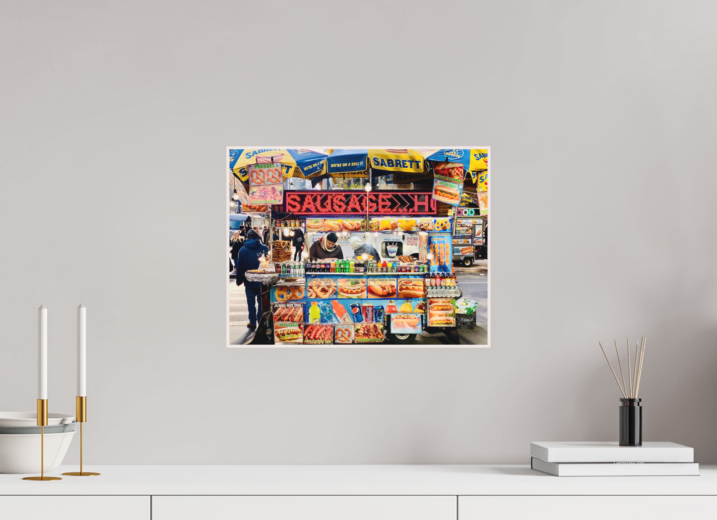 39,6 x 30 cm, Foto Abzug hinter Acrylglas Matt; Art Box aus Massivholz 4 mm Ahorn weiß NCY Streetfood Vol.1 - Manhatten New York City; Fine Art Photo Print under Acrylic Glass
