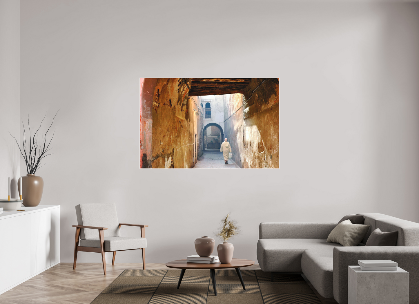 169,5 x 110 cm, Foto Abzug hinter Acrylglas Matt; Art Box aus Massivholz 4 mm Ahorn weiß The Souks of Marrakech Vol.8 - Hidden in the Medina