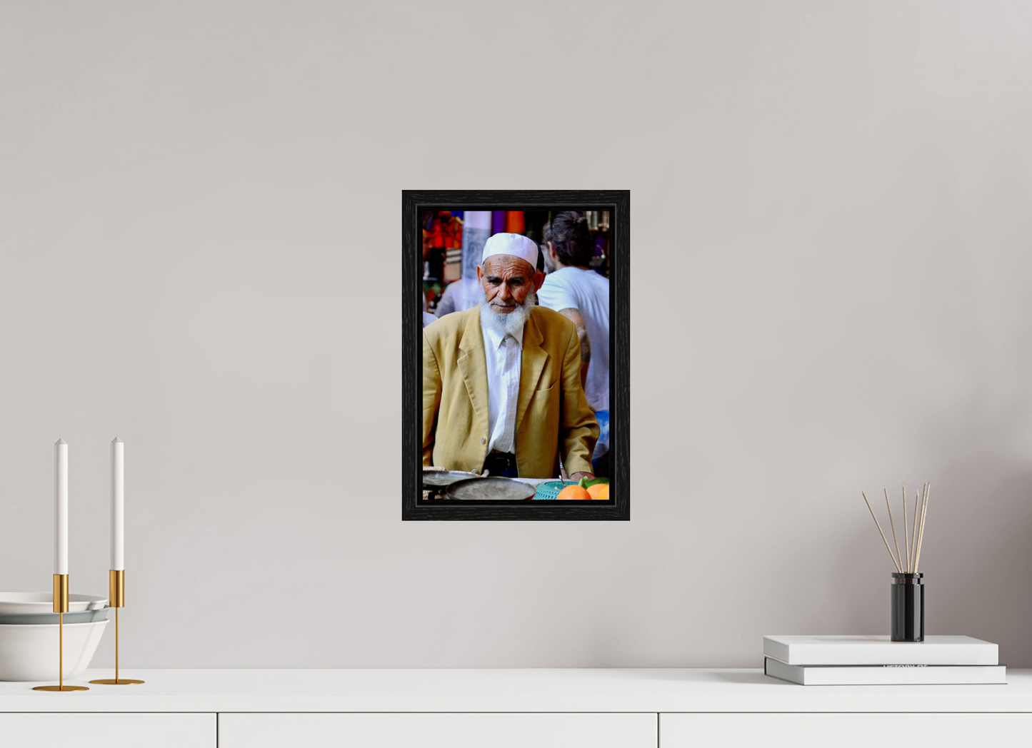 20 x 31 cm, Foto Print on Acrylic glass; Oak Wood Frame Basel 15 mm Old Berber Man in the Souks of Marrakech; Photo Art Print on Acrylic glass; Oak wood frame