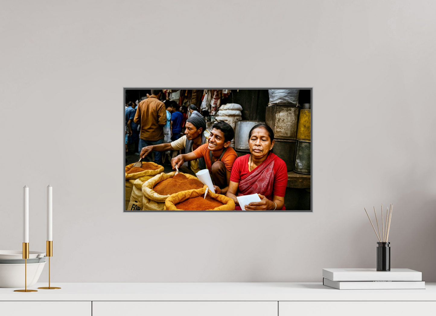 46 x 30 cm, Art Box 50 mm - Aluminium Rahmen - Foto-Abzug hinter Acrylglas - printed and designed by Whitewall Market Scene from Himalaya - Old Spice Market Kathmandu-Nepal Vol.1