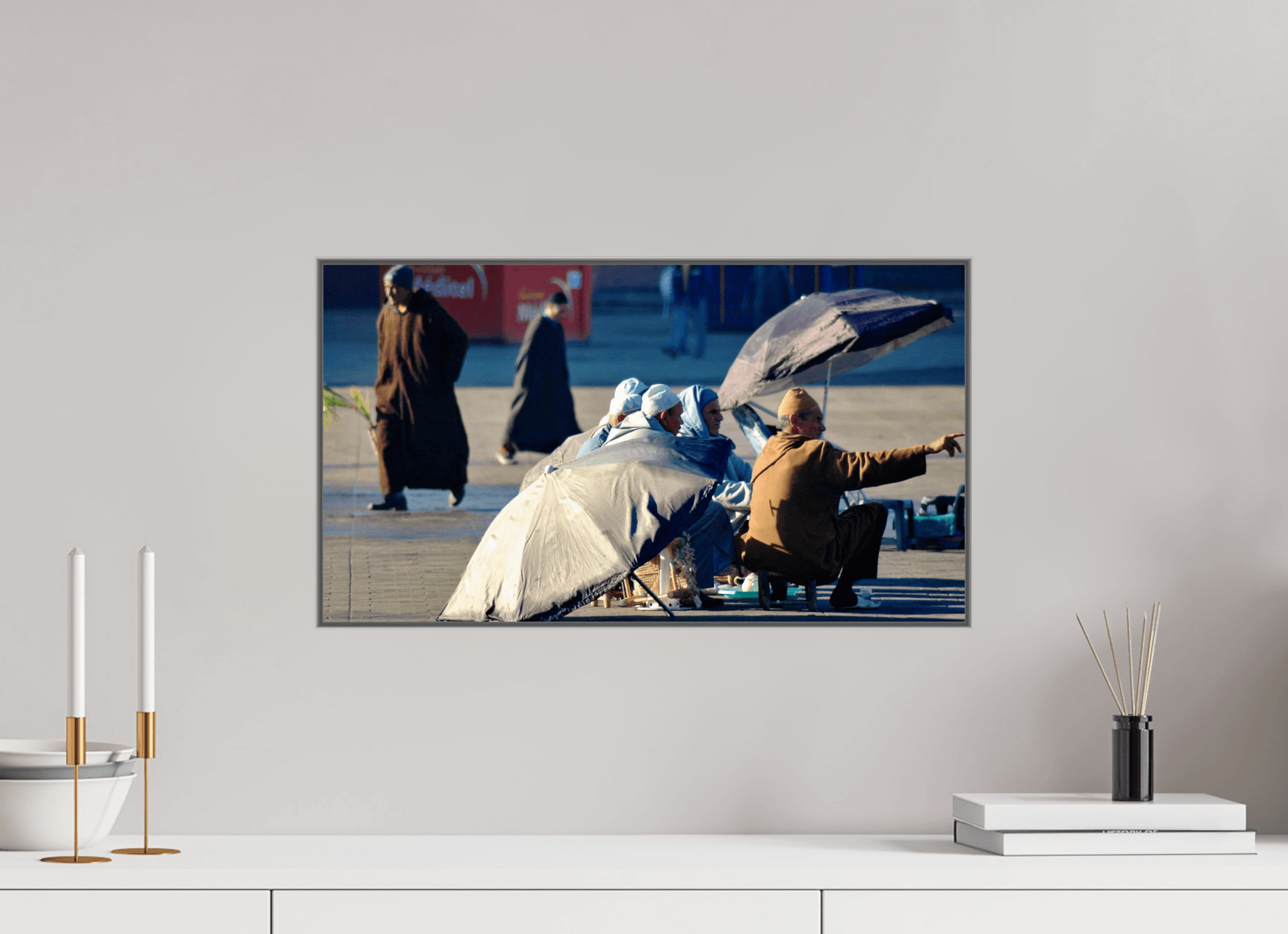 Berber Men on Djeema El Fna Square Vol 1; Photo Print under Acrylic glass; Art Box Frame 50 mm - Aluminium - Colors of Marrakech - Photo Art Gallery