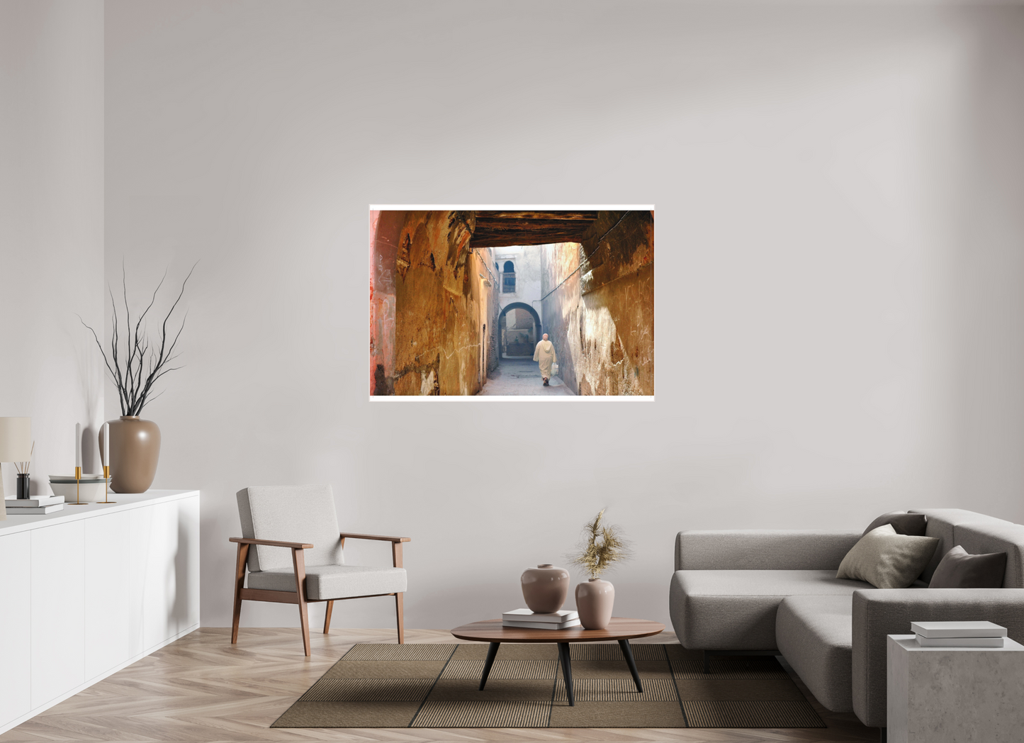 145,2 x 100 cm, Foto Abzug hinter Acrylglas Matt; Art Box aus Massivholz 4 mm Ahorn weiß The Souks of Marrakech - Hidden in the Medina; Fine Art Photo Print under Acrylic Glass