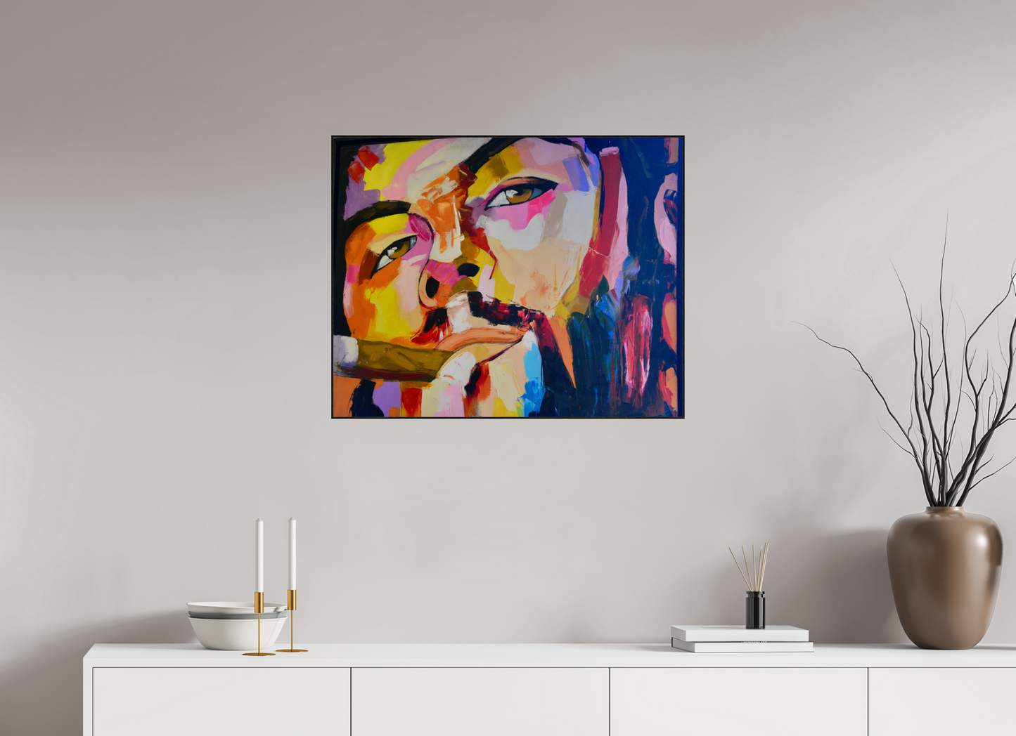 74,9 x 60 cm, Foto-Abzug hinter Acrylglas glänzend - ArtBox aus Massivholz 4 mm, Eiche schwarz Cool Boy with Cigar - Pop Art Painting - Fine Art Print on Acrylic Glass, Oak Wood Frame