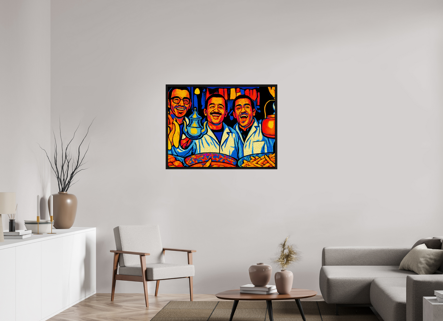 100 x 75 cm, Foto Print on Acrylic glass; Oak Wood Frame Basel 15 mm Oriental Food with Good Mood Vol. 2: Pop Art Design; Fine Art Photo Print under Acrylic Glass