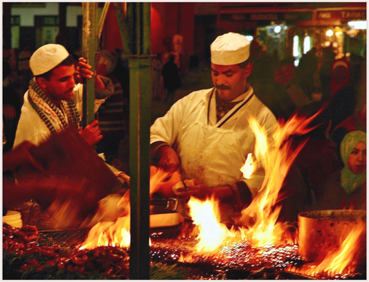 Main image Marrakech Street Food Market Vol. 5; Photo Art Print under Acrylic Glass; Art Box Frame 50 mm Maple Wood White