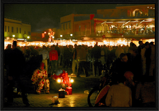 Clown on Djeema El Fna Square - Marrakech Medina; Photo Art Print under Acrylic Glass; Oak Wood Frame 15 mm - Colors of Marrakech - Photo Art Gallery