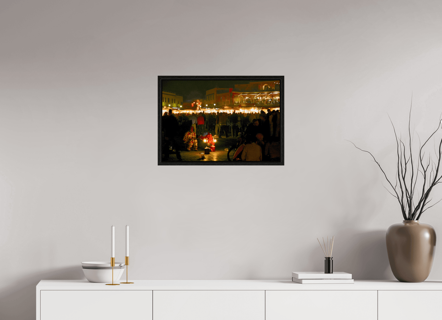 Clown on Djeema El Fna Square - Marrakech Medina; Photo Art Print under Acrylic Glass; Oak Wood Frame 15 mm - Colors of Marrakech - Photo Art Gallery