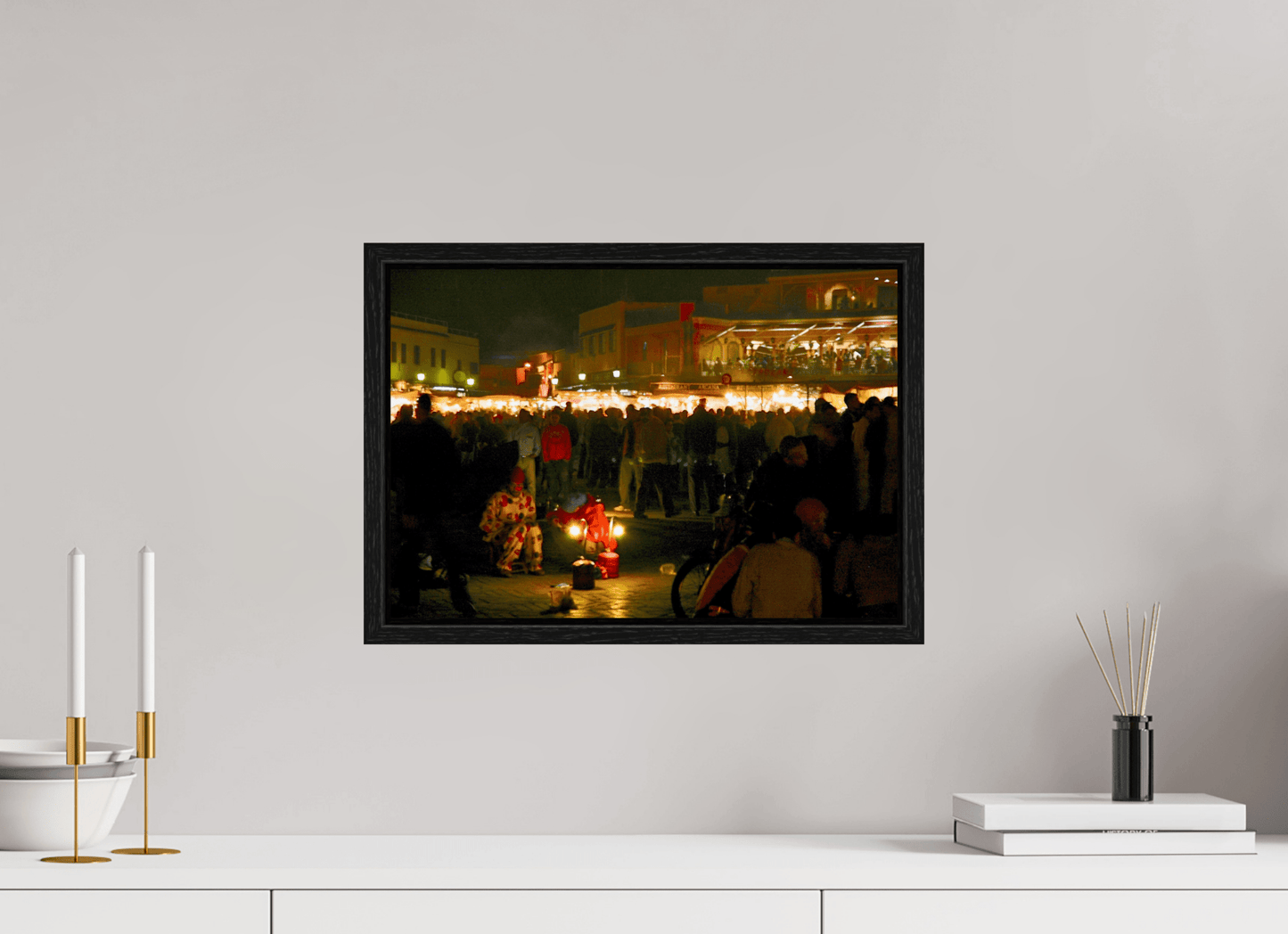 Clown on Djeema El Fna Square - Marrakech Medina; Photo Art Print under Acrylic Glass; Oak Wood Frame 15 mm - Colors of Marrakech - Photo Art Gallery