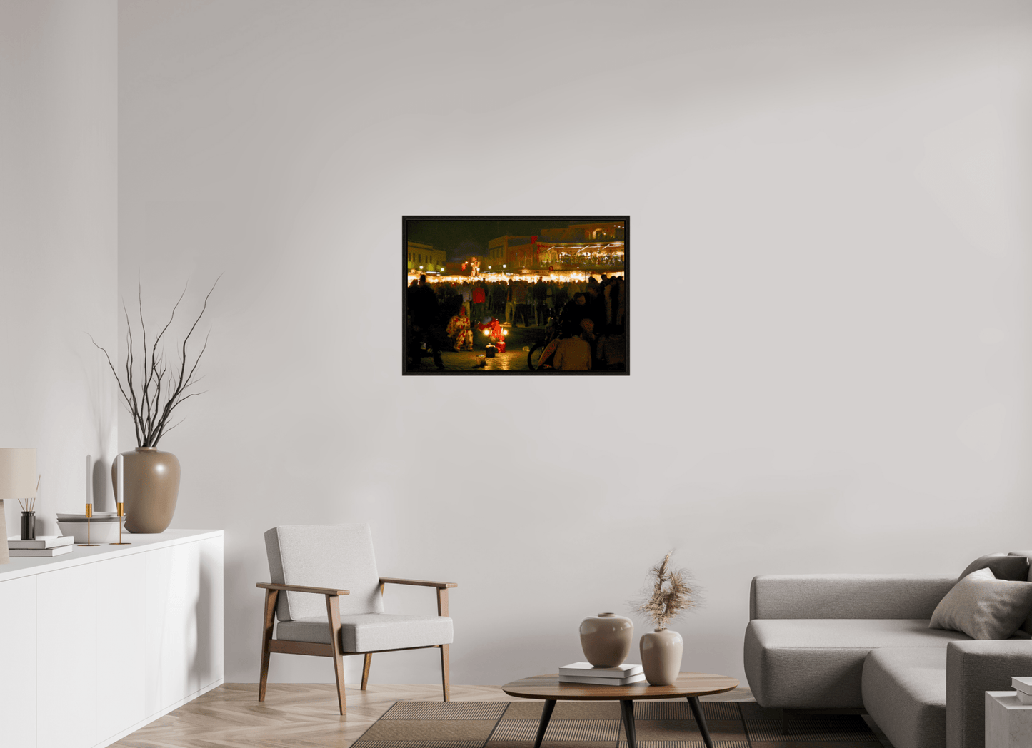 Clown on Djeema El Fna Square - Marrakech Medina; Photo Art Print under Acrylic Glass; Oak Wood Frame 15 mm - Colors of Marrakech - Photo Art Gallery