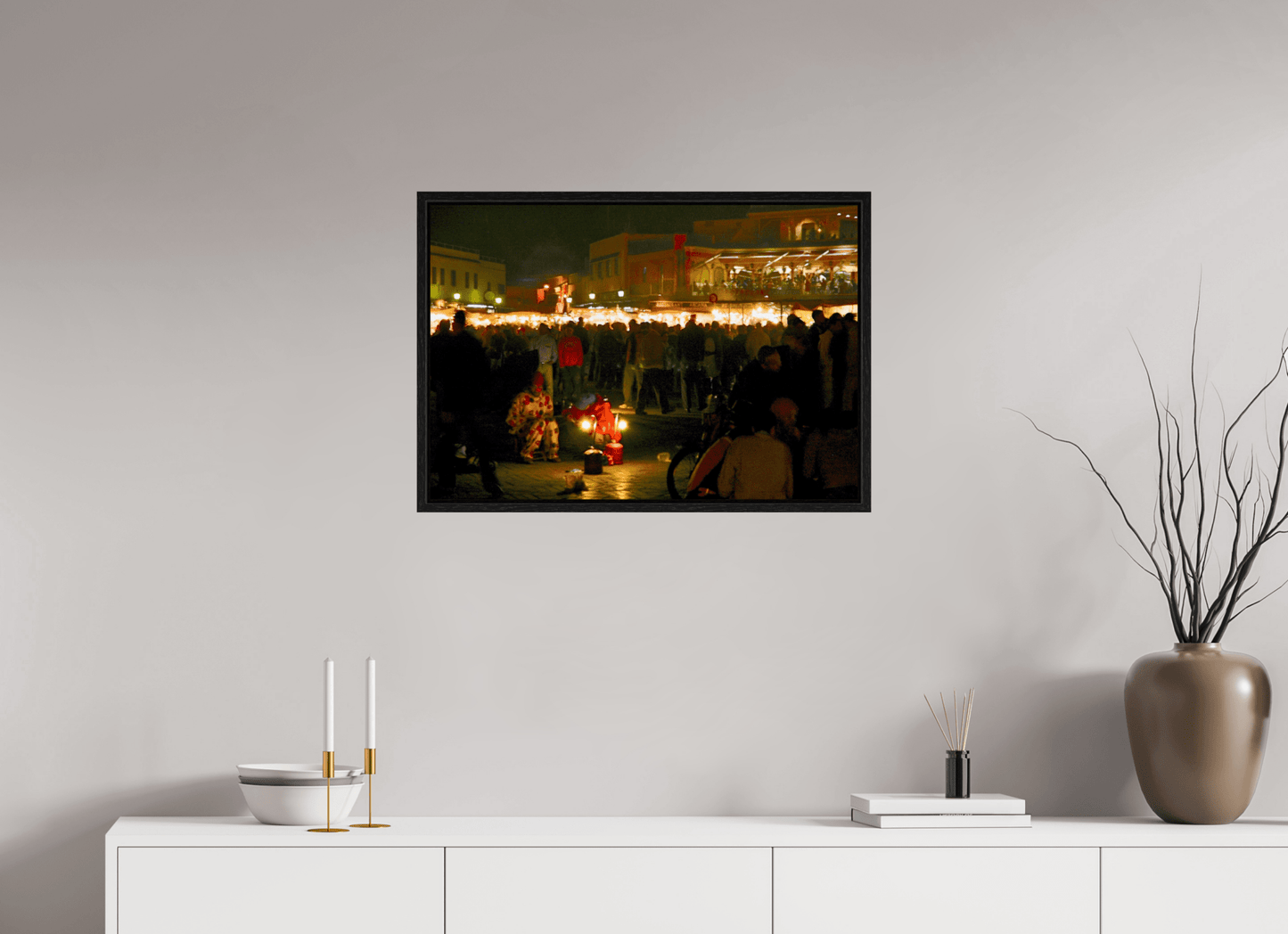 Clown on Djeema El Fna Square - Marrakech Medina; Photo Art Print under Acrylic Glass; Oak Wood Frame 15 mm - Colors of Marrakech - Photo Art Gallery