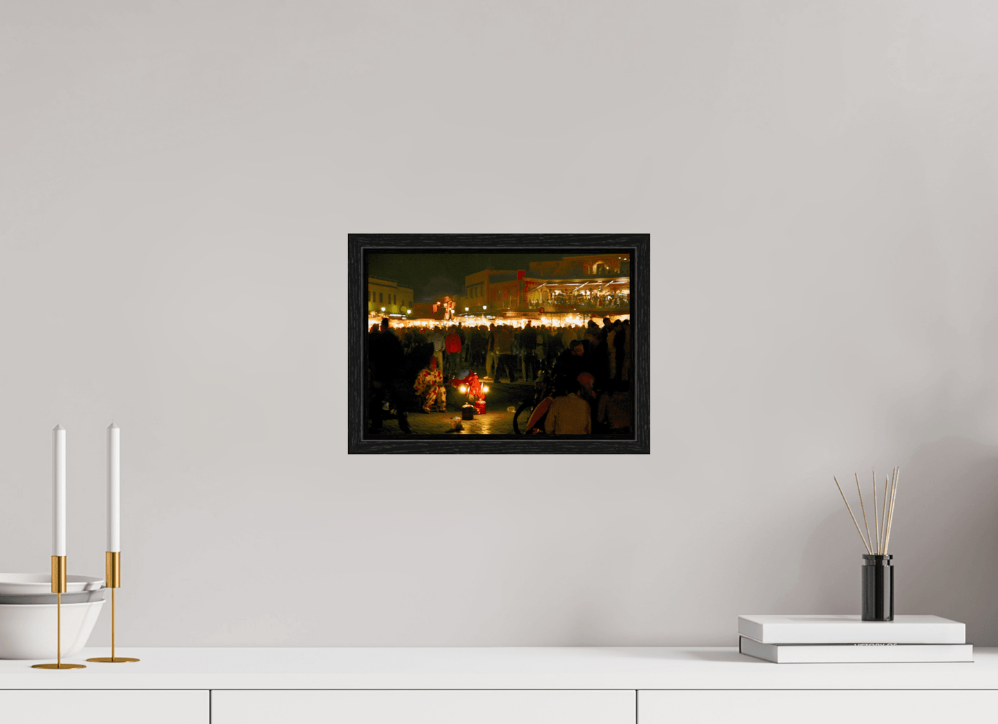 Clown on Djeema El Fna Square - Marrakech Medina; Photo Art Print under Acrylic Glass; Oak Wood Frame 15 mm - Colors of Marrakech - Photo Art Gallery
