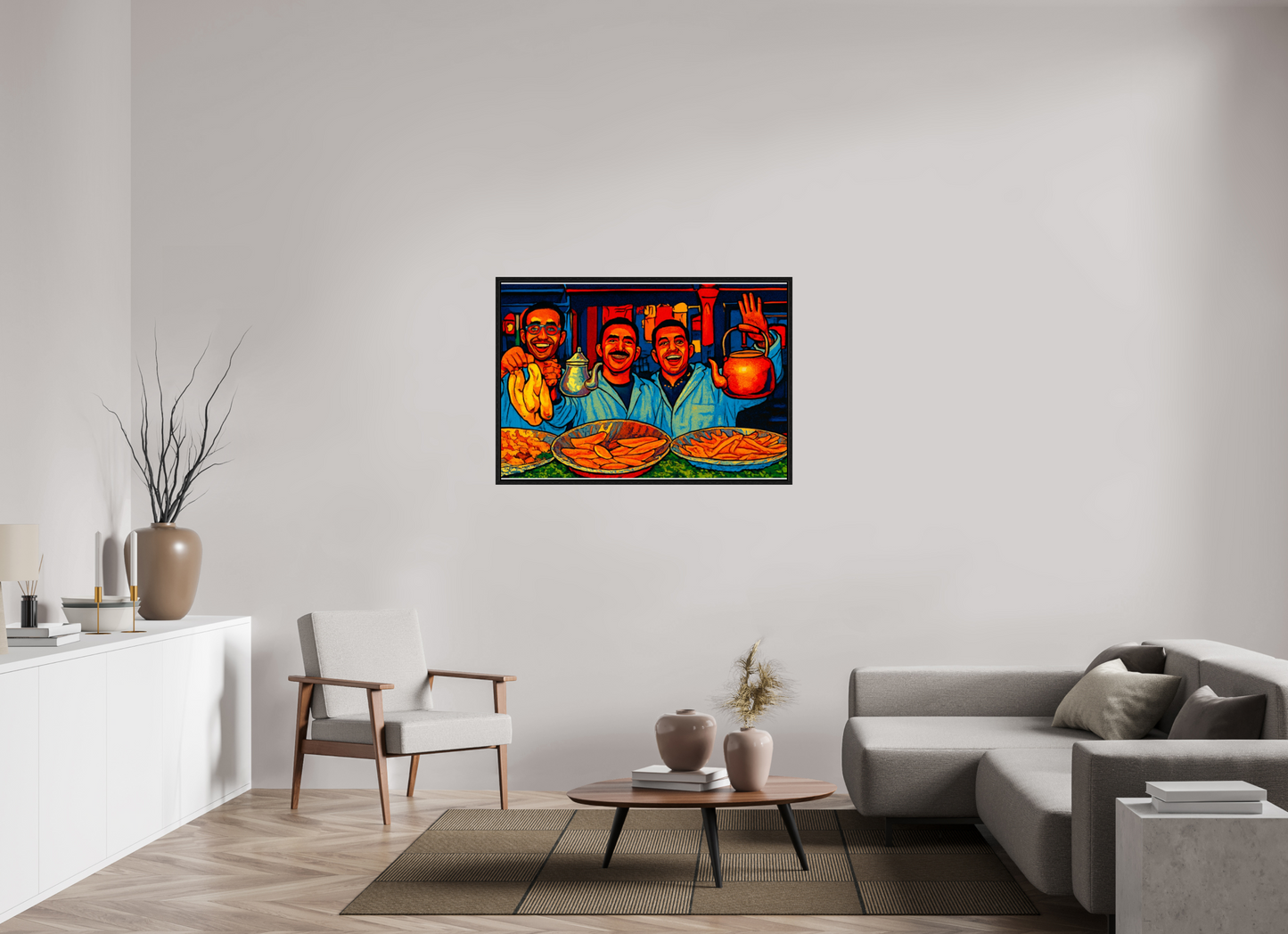 116,2 x 80 cm, Foto Print on Acrylic glass; Oak Wood Frame Basel 15 mm Oriental Food with Good Mood - Pop Art Design, Vol.3- Photo Art Print under Acrylic Glass