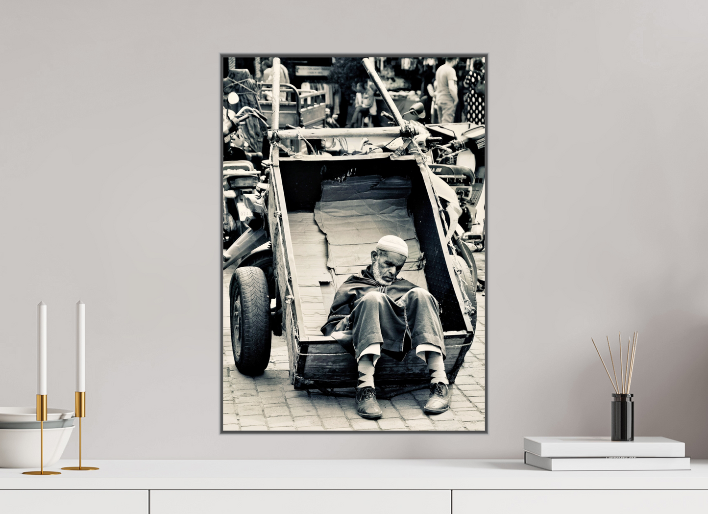 40 x 57 cm, Art Box 50 mm - Aluminium Rahmen - Foto-Abzug hinter Acrylglas - printed and designed by Whitewall Time for a Break - Souks of Marrakech-Morocco; by J. Schleenbecker; Copyright 2025. Fine Art Photo Print under  Acrylic glass;