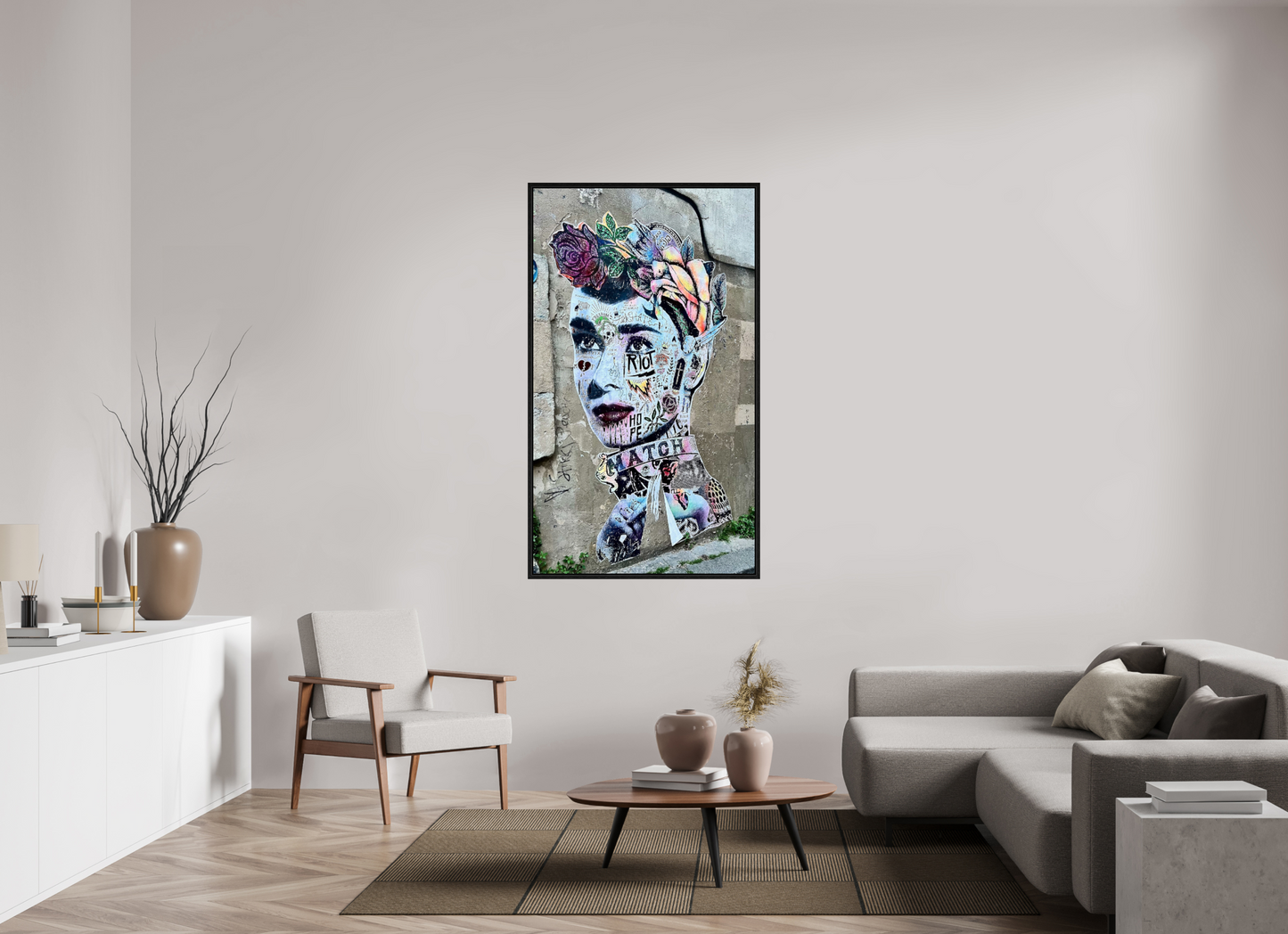 90 x 156,7 cm, Foto Print on Acrylic glass; Oak Wood Frame Basel 15 mm Free Lady from Montmartre - Street Pop Art Vol. 2 - Fine Art Photo Print under Acrylic Glass
