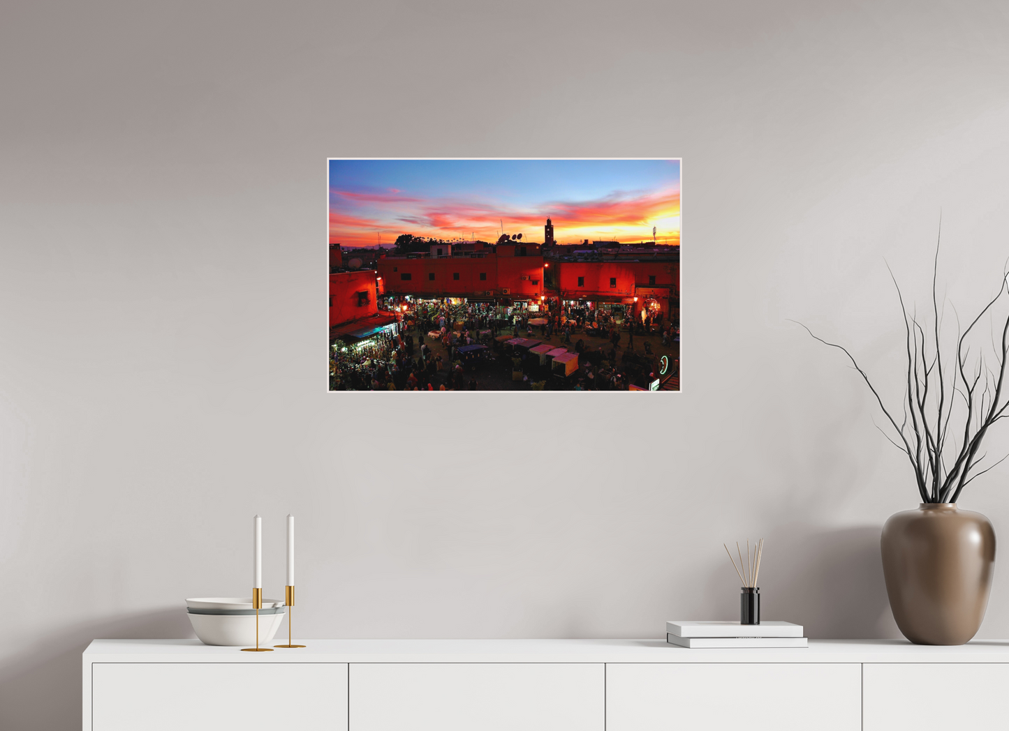 75,8 x 50 cm, Foto Abzug hinter Acrylglas Matt; Art Box aus Massivholz 4 mm Ahorn weiß Magic Sunset in the Medina Vol. 2- Marrakech. Fine Art Photo Print under Acrylic Glas; P