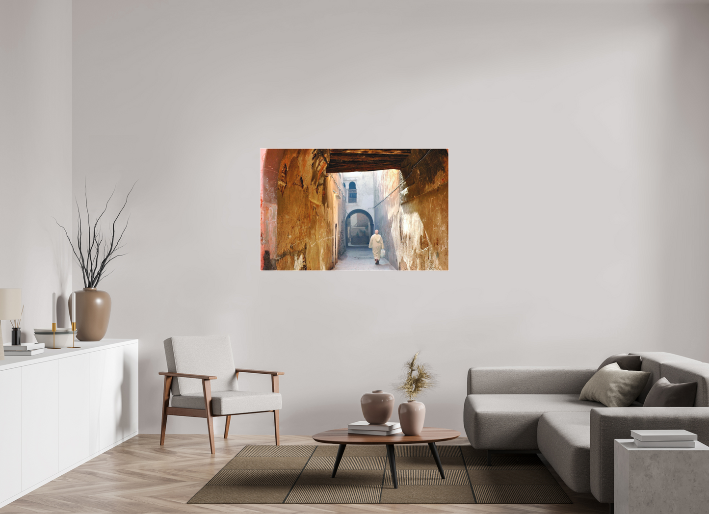 138,7 x 90 cm, Foto Abzug hinter Acrylglas Matt; Art Box aus Massivholz 4 mm Ahorn weiß The Souks of Marrakech Vol.8 - Hidden in the Medina