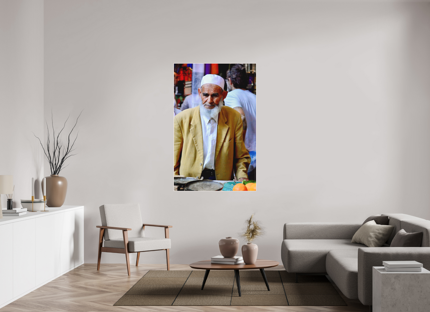 100 x 154,8 cm, Foto Abzug hinter Acrylglas Matt; Art Box aus Massivholz 4 mm Ahorn weiß Old Berber Man in the Souks of Marrakech - Fine Art Photo Print under Acrylic Glass; Art Box Frame, White Maple Wood, 50 mm