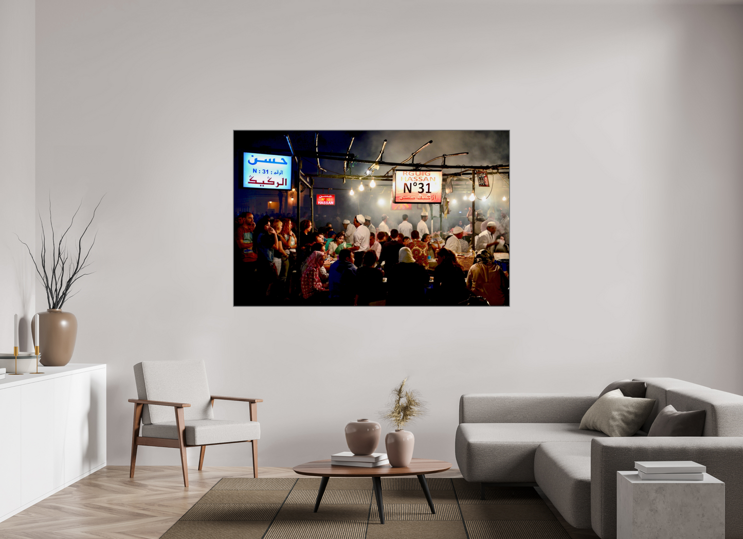 188,4 x 120 cm, Art Box 50 mm - Aluminium Rahmen - Foto-Abzug hinter Acrylglas - printed and designed by Whitewall Marrakech Street Food Market Vol. 1; Fotokunstdruck unter Acrylglas; verschiedene Rahmenoptionen