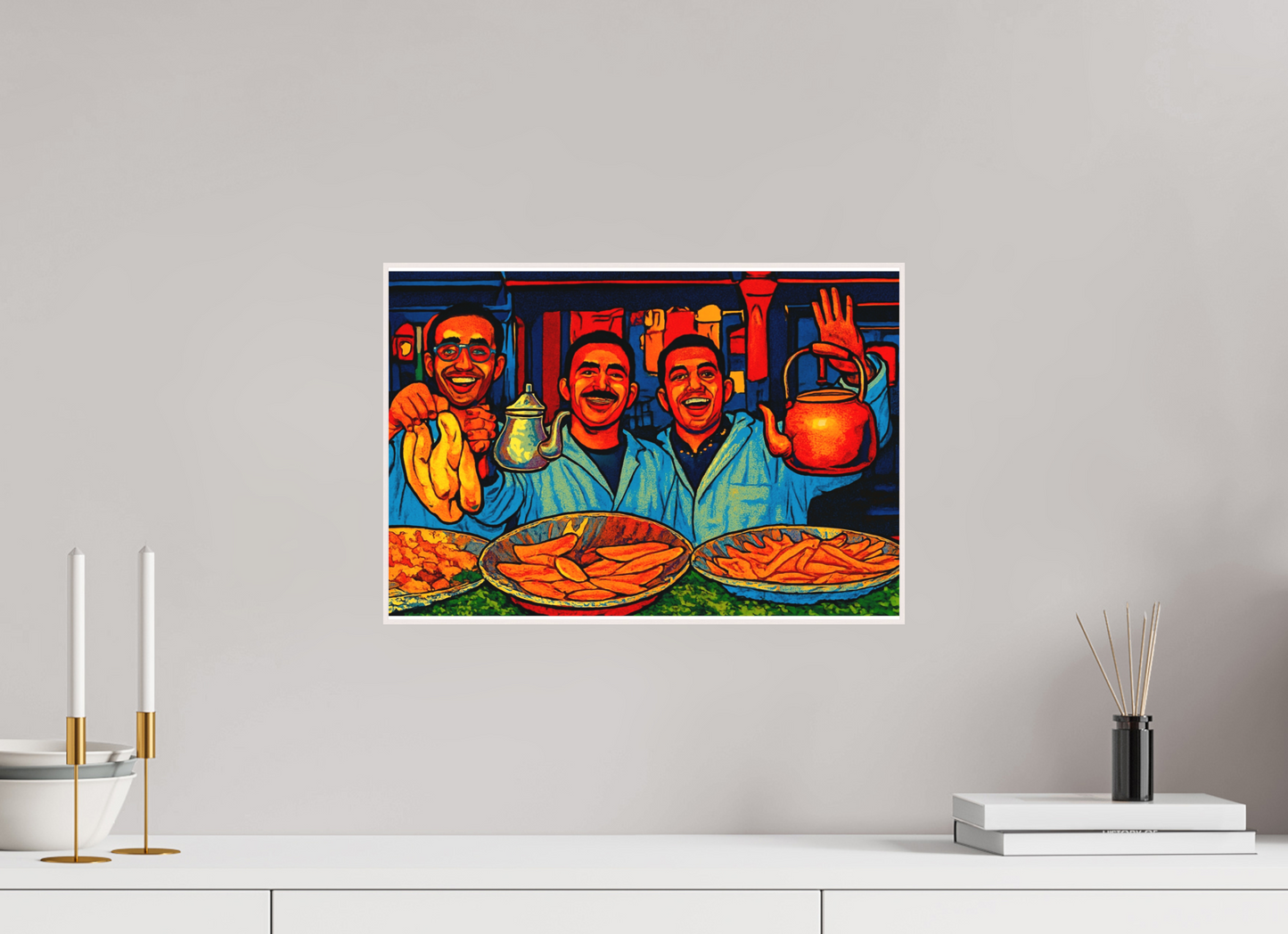 43,6 x 30 cm, Foto Abzug hinter Acrylglas Matt; Art Box aus Massivholz 4 mm Ahorn weiß Oriental Food with Good Mood - Pop Art Design, Vol.3- Photo Art Print under Acrylic Glass