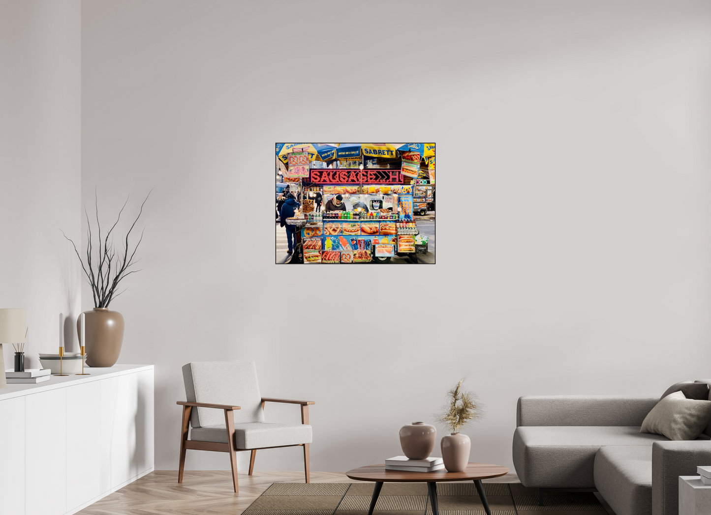 92,4 x 70 cm, Foto-Abzug hinter Acrylglas glänzend - ArtBox aus Massivholz 4 mm, Eiche schwarz NCY Streetfood Vol.1 - Manhatten New York City; Fine Art Photo Print under Acrylic Glass