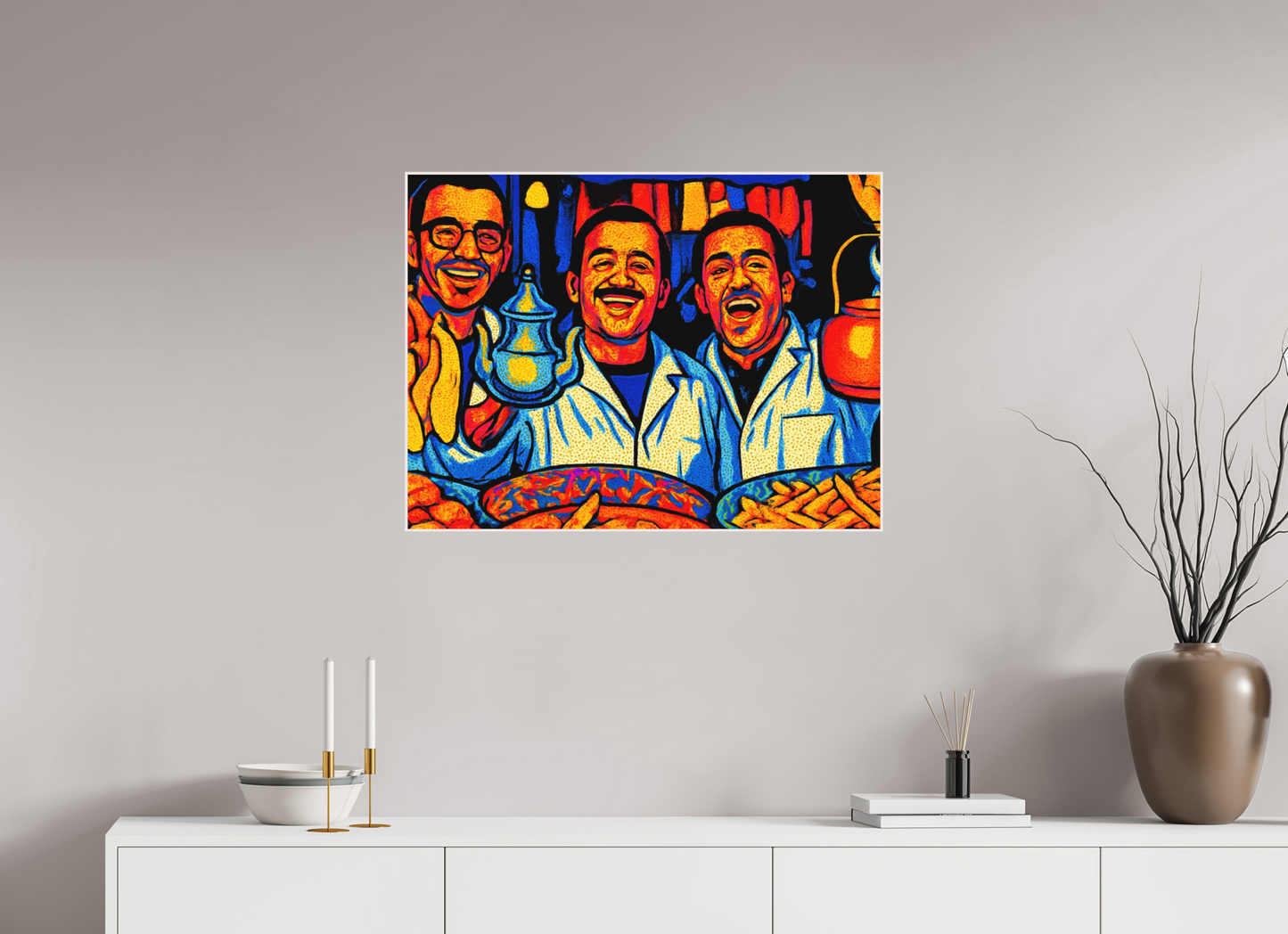 80 x 60 cm, Foto Abzug hinter Acrylglas Matt; Art Box aus Massivholz 4 mm Ahorn weiß Oriental Food with Good Mood Vol. 2: Pop Art Design; Fine Art Photo Print under Acrylic Glass