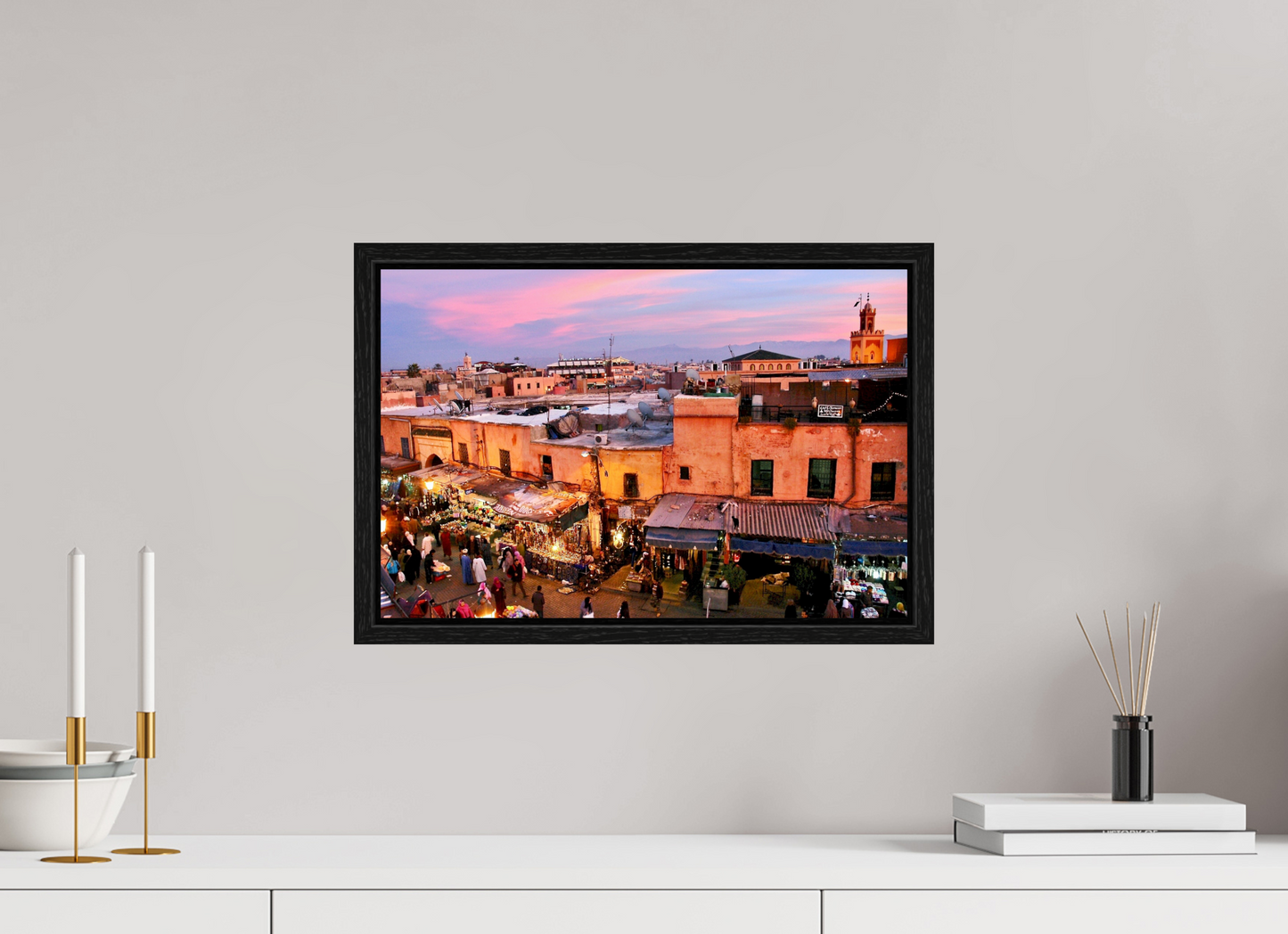 45,3 x 30 cm, Foto Print on Acrylic glass; Oak Wood Frame Basel 15 mm Magic Sunset in the Medina - Marrakech-Morocco; Fine Art Photo Print under Acrylic Glas
