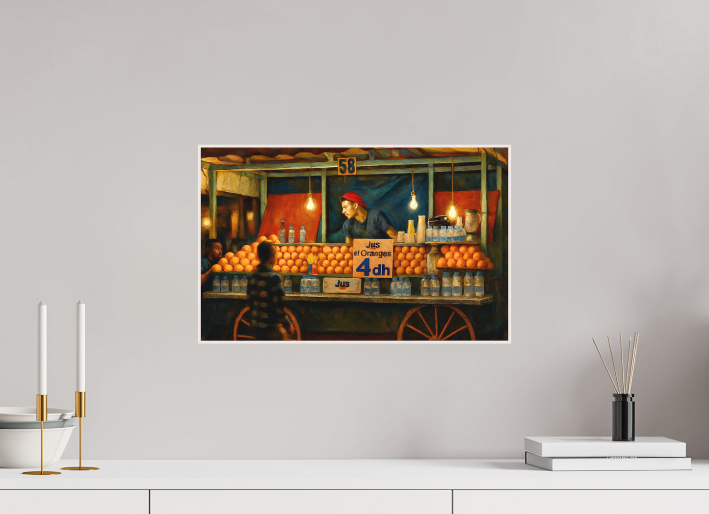 47,7 x 30 cm, Foto Abzug hinter Acrylglas Matt; Art Box aus Massivholz 4 mm Ahorn weiß Marrakech Night Market Vol. 3 - Painted Design; Photo Art Print under Acrylic Glass; Art Box Frame 50 mm Maple Wood White