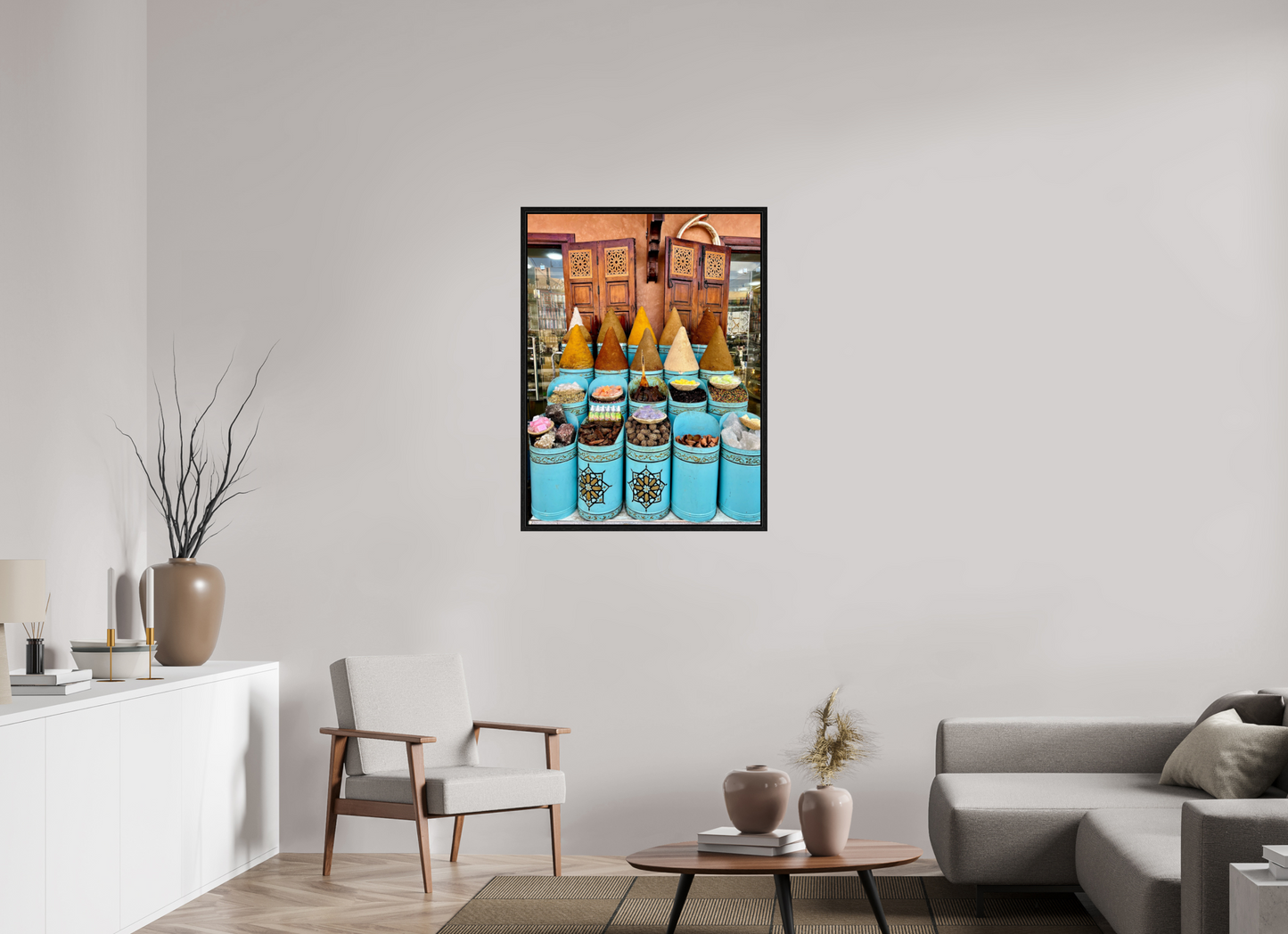 75 x 100 cm, Foto Print on Acrylic glass; Oak Wood Frame Basel 15 mm Colors and Spices Vol. 7 - Souks of Marrakech; Photo Art Print under Acrylic Glass; Phto by J. Schleenbecker, Copyright 2025.
