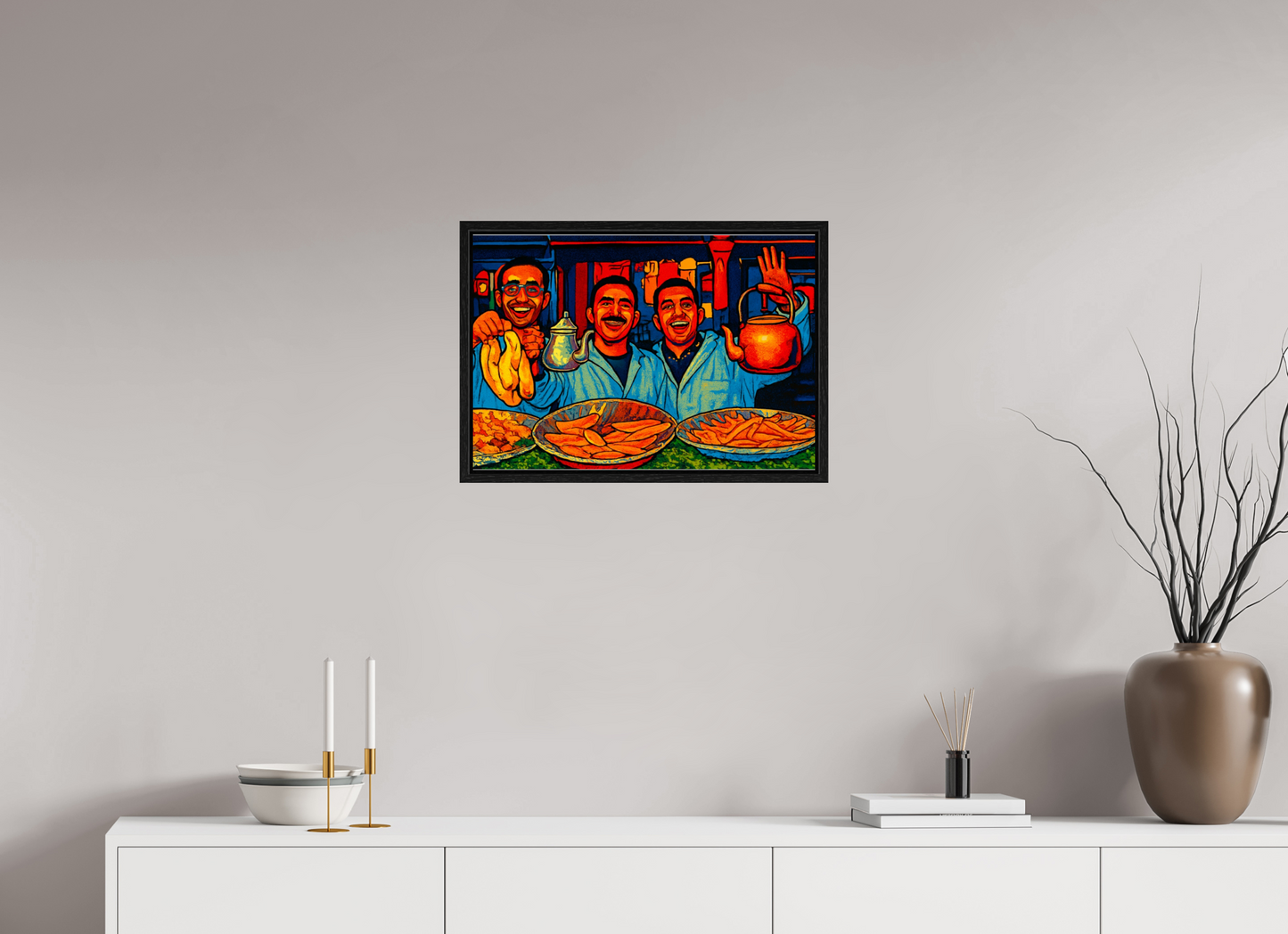 58,1 x 40 cm, Foto Print on Acrylic glass; Oak Wood Frame Basel 15 mm Oriental Food with Good Mood - Pop Art Design, Vol.3- Photo Art Print under Acrylic Glass