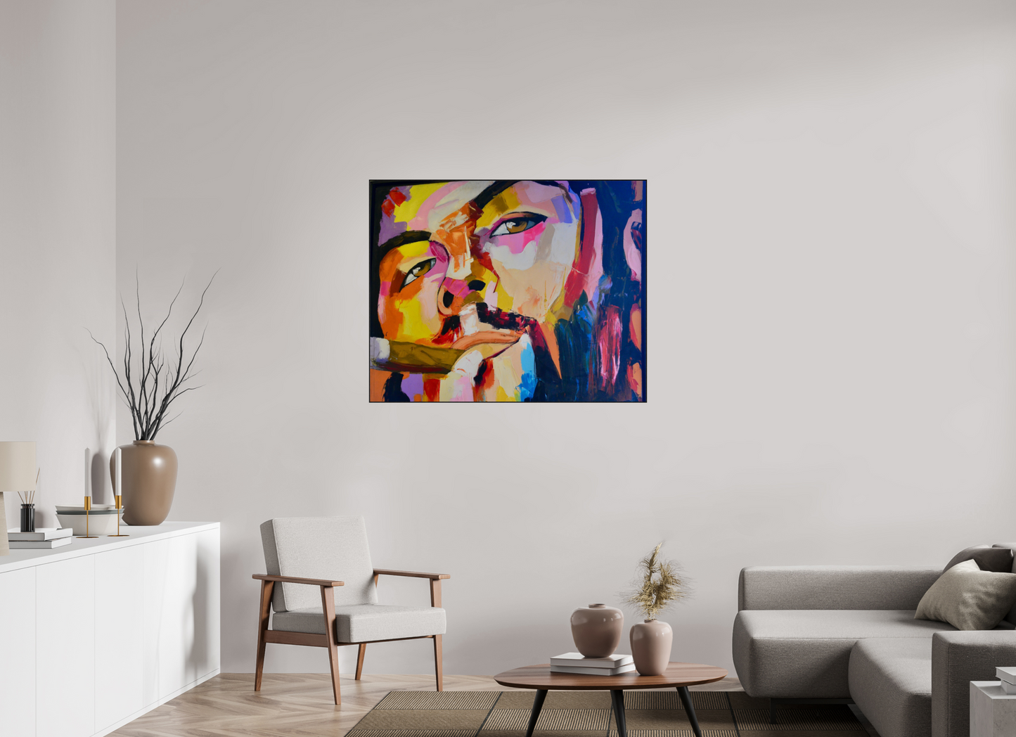 112,4 x 90 cm, Foto-Abzug hinter Acrylglas glänzend - ArtBox aus Massivholz 4 mm, Eiche schwarz Cool Boy with Cigar - Pop Art Painting - Fine Art Print on Acrylic Glass, Oak Wood Frame