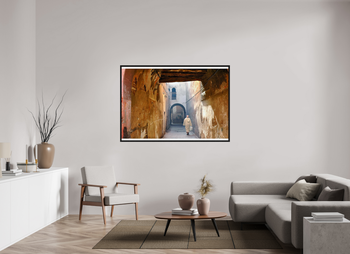 159,8 x 110 cm, Foto Print on Acrylic glass; Oak Wood Frame Basel 15 mm The Souks of Marrakech - Hidden in the Medina; Fine Art Photo Print under Acrylic Glass