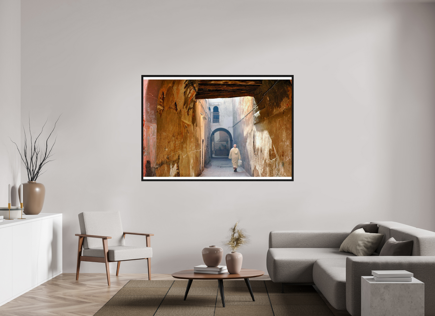 174,3 x 120 cm, Foto Print on Acrylic glass; Oak Wood Frame Basel 15 mm The Souks of Marrakech - Hidden in the Medina; Fine Art Photo Print under Acrylic Glass