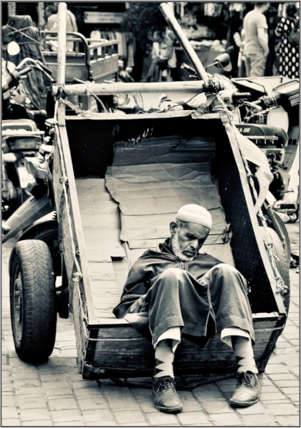Main image Time for a Break - Souks of Marrakech-Morocco; by J. Schleenbecker; Copyright 2025. Fine Art Photo Print under  Acrylic glass;