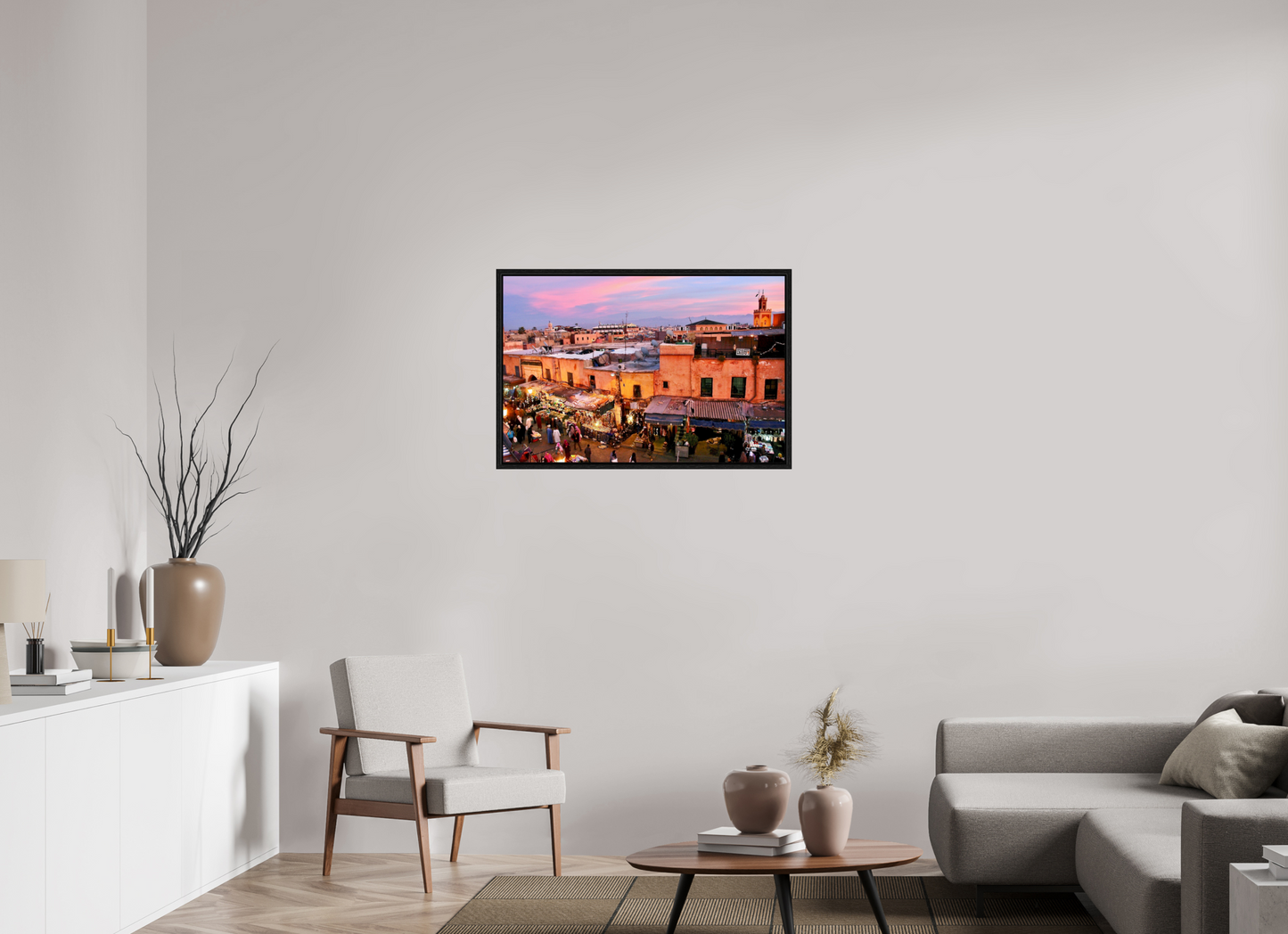 90,7 x 60 cm, Foto Print on Acrylic glass; Oak Wood Frame Basel 15 mm Magic Sunset in the Medina - Marrakech-Morocco; Fine Art Photo Print under Acrylic Glas